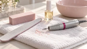 Nagelplatz mit Feile, Buffer, Fräser und Nagelöl auf weissem Handtuch – Gelnägel entfernen im Nagelstudio St. Gallen