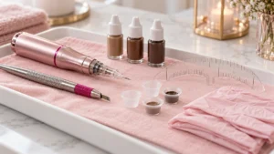 Permanent-Make-up-Tray mit Pigmentflaschen, Pigmentiermaschine, Microblading-Pen und Brauenlineal – Powder Brows, Nano Brows, Microblading