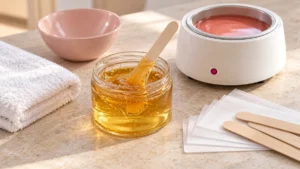 Zuckerpaste im Glas mit Holzspatel, Wachserhitzer mit rosé Warmwachs, Vliesstreifen und Handtuch – Sugaring und Waxing in St. Gallen