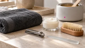 Nagelknipser, Glasfeile, Handbürste, Handcreme und Wachserhitzer auf heller Steinfläche – Fusspflege, Maniküre und Waxing für Männer