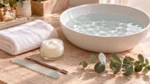 Gepflegte Fusspflege-Station mit weissem Fussbad, Handtuch, Glasfeile, Nagelhautschieber, Creme und Eukalyptus – kosmetische Fusspflege in St. Gallen