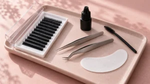 Wimperntray mit schwarzen Extensions, zwei Pinzetten, Kleber, Bürstchen und weissem Augenpad auf Rosé – Wimpernverlängerung in St. Gallen
