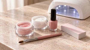Nagelmodellage mit rosa Gel, weissem Acrylpulver, Farblack, Pinsel, Buffer und UV/LED-Lampe – Shellac, Gel und Acryl in St. Gallen